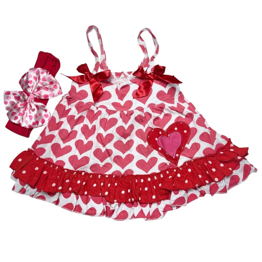 Toddler Valentine’s Day Top & Headband 2 Piece Set Red Heart Print Bow Detail